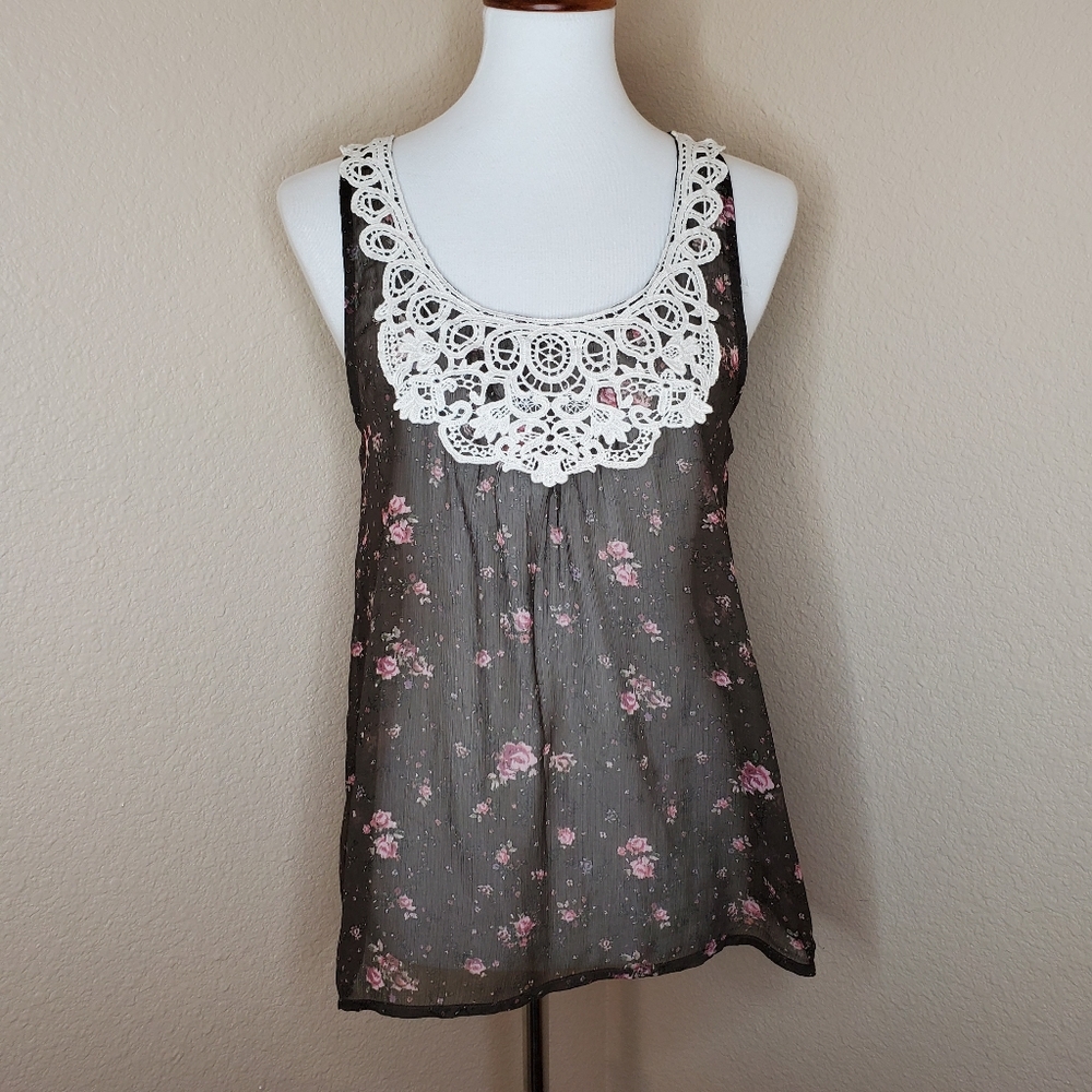 Chiffon Floral & Crochet Tank